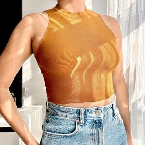 Zara Ribbed Halter Crop Top - Mustard Brown